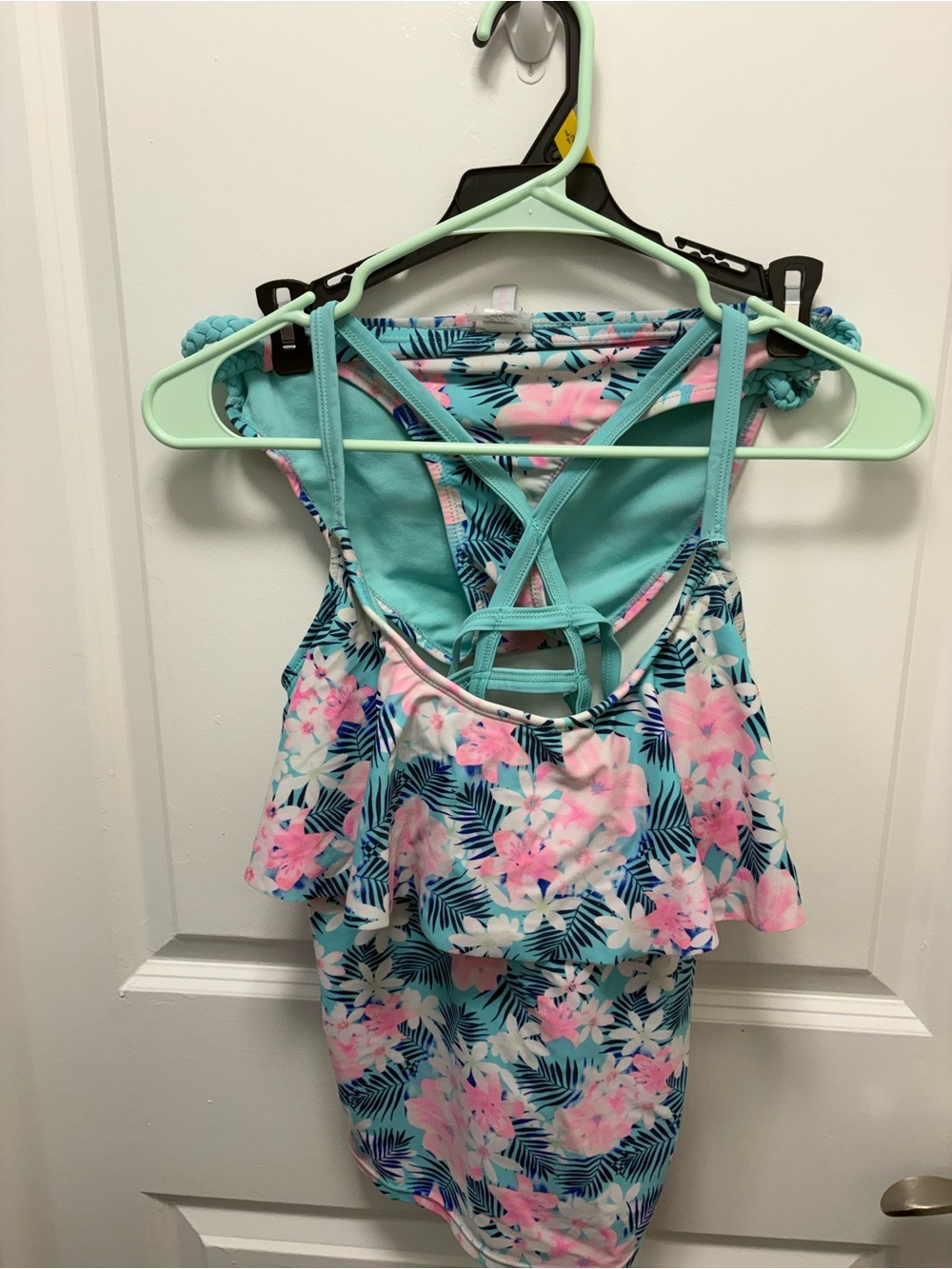 Island Soul Women’s Tropical Floral Tankini Swimsuit Set Ruffle EUC